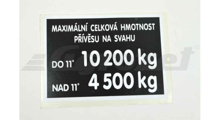 Štítek maximální povolená hmotnost 10 200 kg - Horal