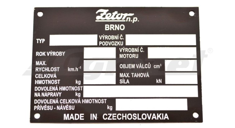 Výrobní štítek traktoru Zetor Czechoslovakia - český popis 975795, 975791