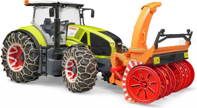 Traktor Claas Axion 950 se sněhovými řetězy a frézou Bruder 03017