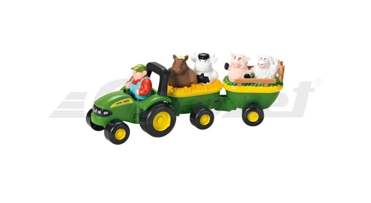 John Deere E34908 Traktor s dvěma přívěsy s farmářskými zvířaty
