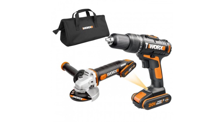 WORX WX963 Aku vrtačka s příklepem a aku úhlová bruska 20V 2x2Ah - Powershare