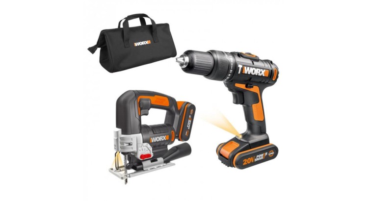 WORX WX967 Aku vrtačka s příklepem a aku přímočará pila 20V 2x2Ah - Powershare