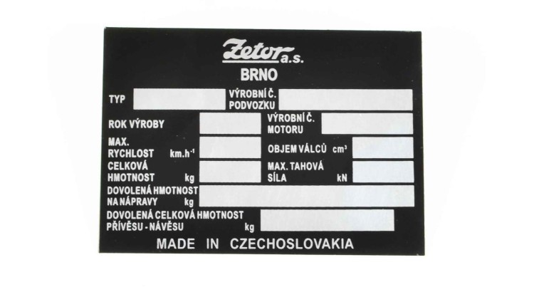Výrobní štítek traktoru Zetor Czechoslovakia - český popis 975795, 975791