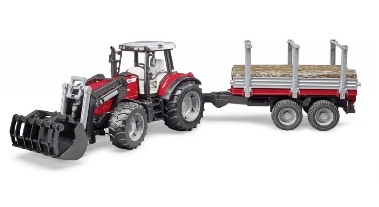 Traktor Massey Ferguson 7480 s nakladačem a přívěsem na dřevo Bruder 02046