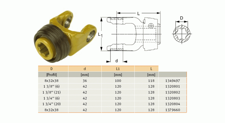 GKN Walterscheid 1320801 / 26.10.00+ / 320801 Vidlice AG 2600, 1 3/8" Z=6