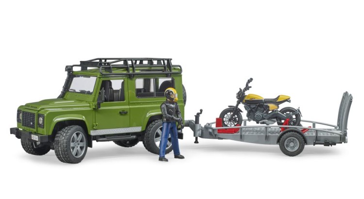 Land Rover Defender,přepravník, figurka, motocykl Bruder 02589