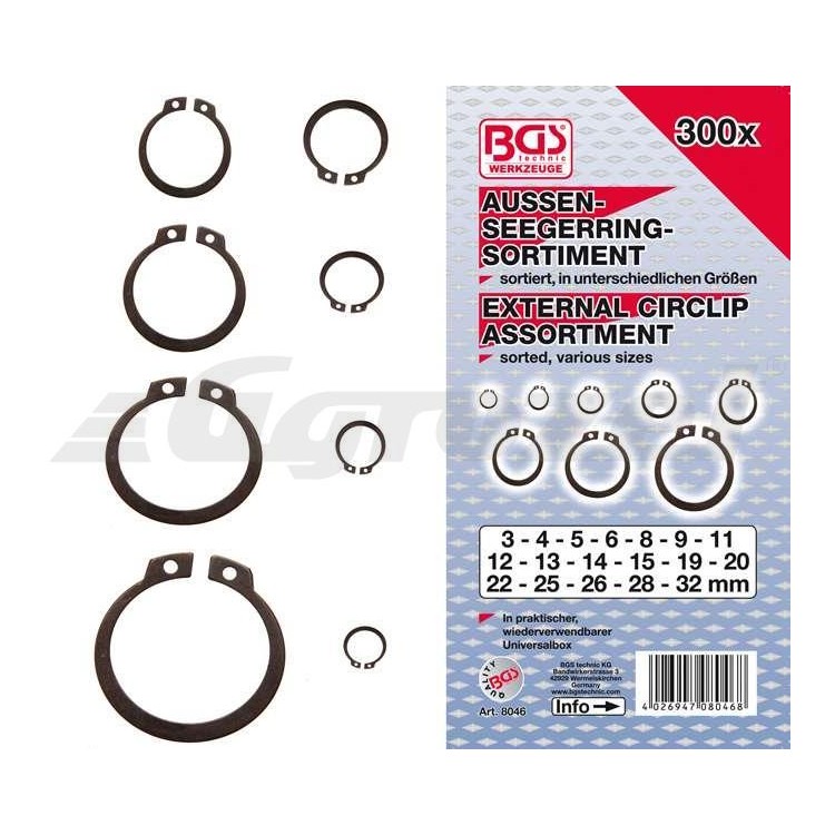 BGS108046 Pojistné vnější kroužky (seger) 3 ÷ 32 mm, 300 dílů v PVC kazetě