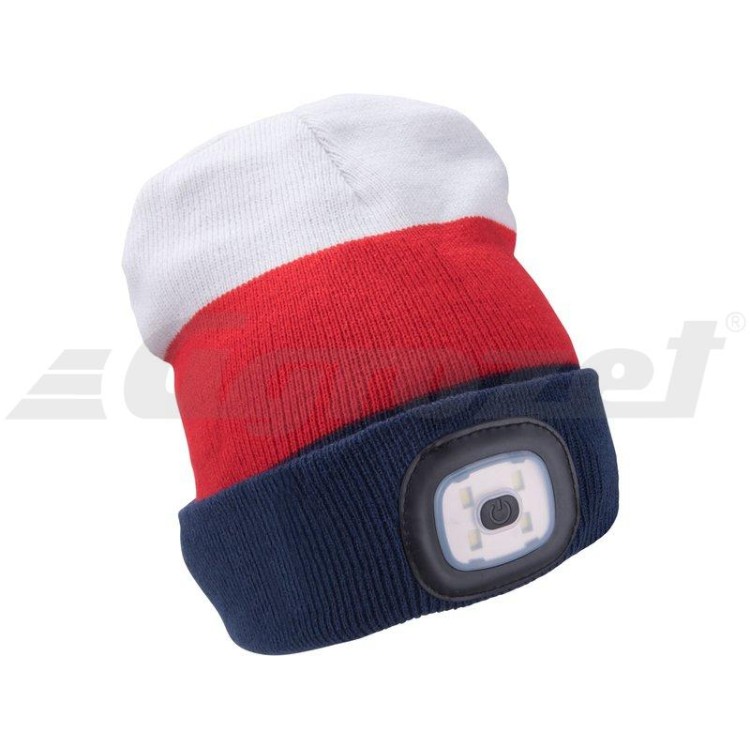 Čepice s čelovkou 45lm, nabíjecí, USB, bílá/červená/modrá