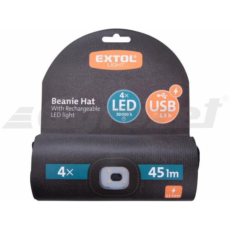 Extol Light 43199 Čepice s čelovkou 4x45lm, USB nabíjení, černá