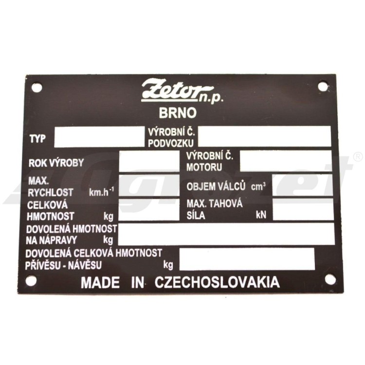 Výrobní štítek traktoru Zetor Czechoslovakia - český popis 975795, 975791