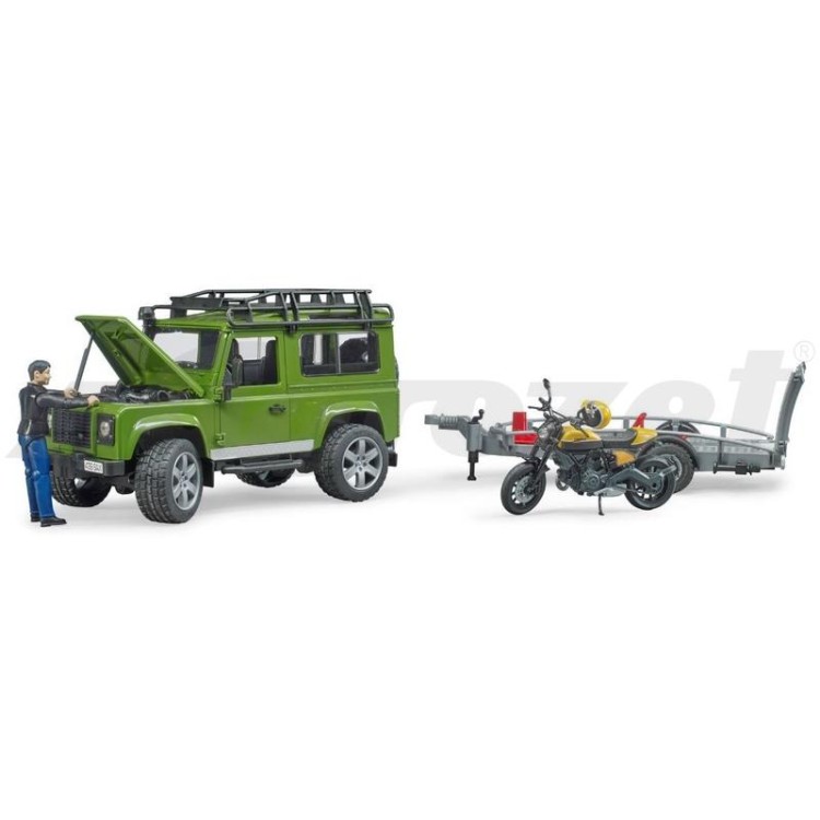 Land Rover Defender,přepravník, figurka, motocykl Bruder 02589