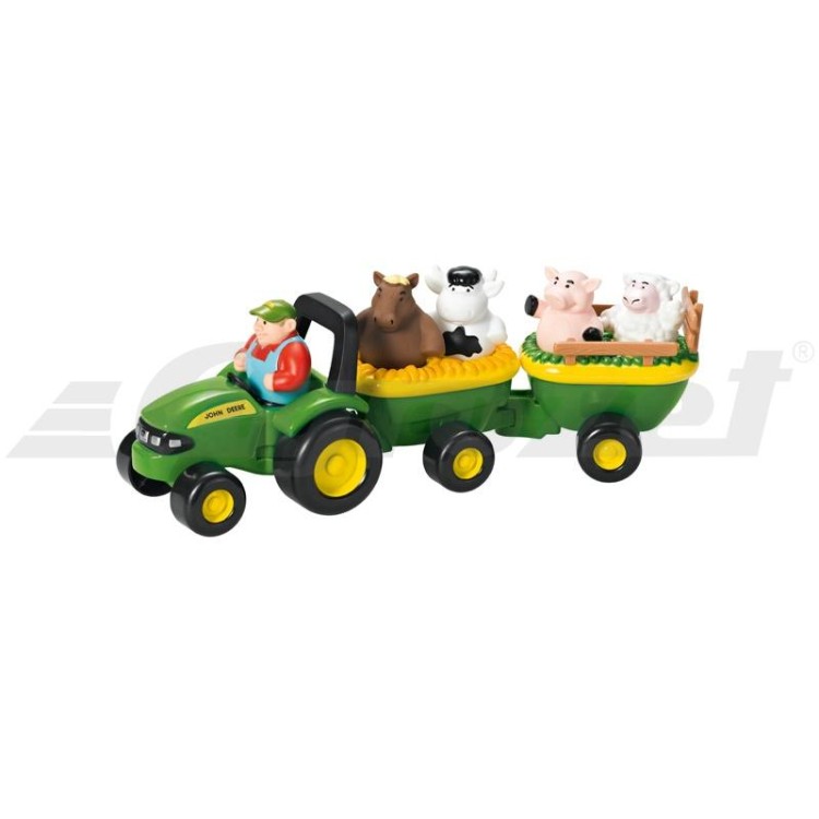 Traktor John Deere s dvěma přívěsy s farmářskými zvířaty
