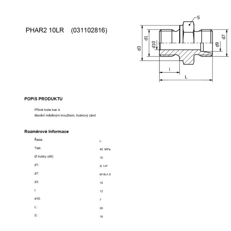 Hrdlo přímé trubkový a metrický závit G1/4"-M16x1,5 (DIN 2353)