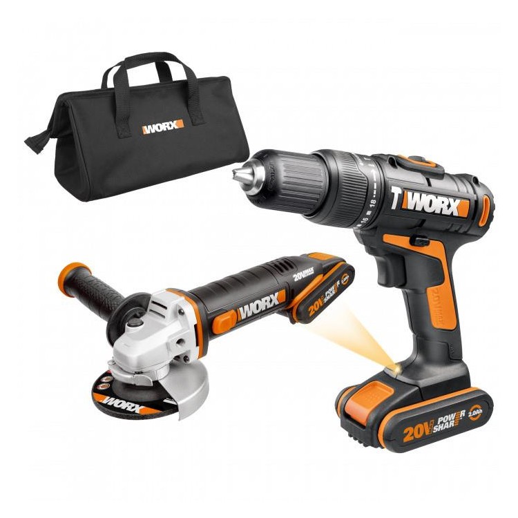 WORX WX963 Aku vrtačka s příklepem a aku úhlová bruska 20V 2x2Ah - Powershare