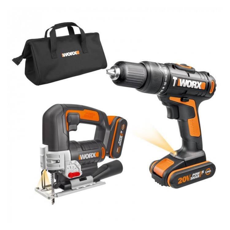 WORX WX967 Aku vrtačka s příklepem a aku přímočará pila 20V 2x2Ah - Powershare