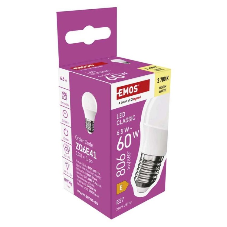 Emos ZQ6E41 Žárovka Classic LED Mini Globe 6,5W E27 teplá bílá