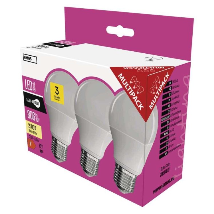 EMOS ZQ5140.3 Žárovka Classic LED A60 9W E27 teplá bílá, 3ks
