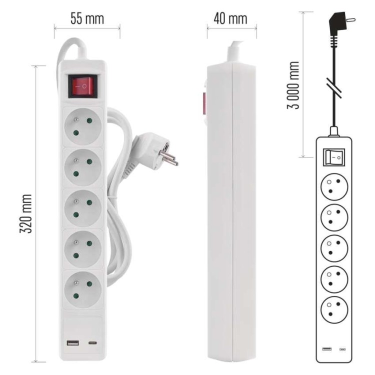 EMOS P1513CU Prodlužovací kabel 3m / 5 zásuvek / s vypínačem / bílý