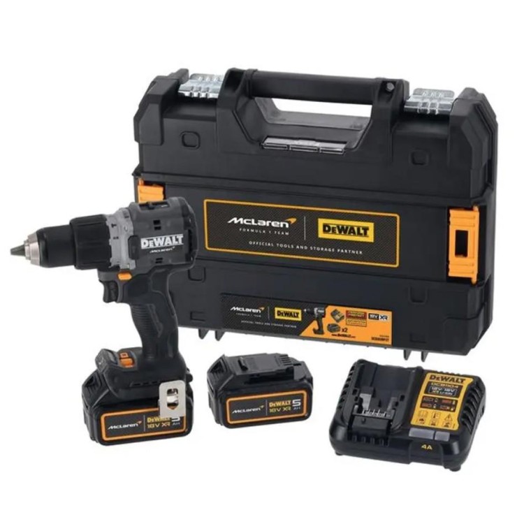 DEWALT McLAREN DCD85MP2T-QW bezuhlíková příklepová vrtačka AKU, 2x5,0 AH