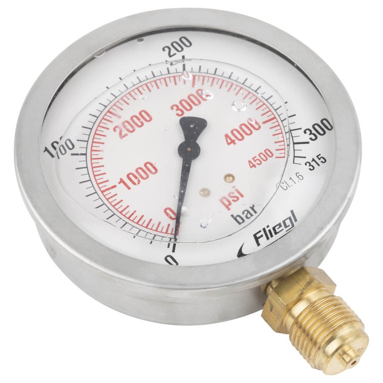 Manometr 0-315 BAR, 1/2", spodní uchycení, plněný glycerinem,nerez.