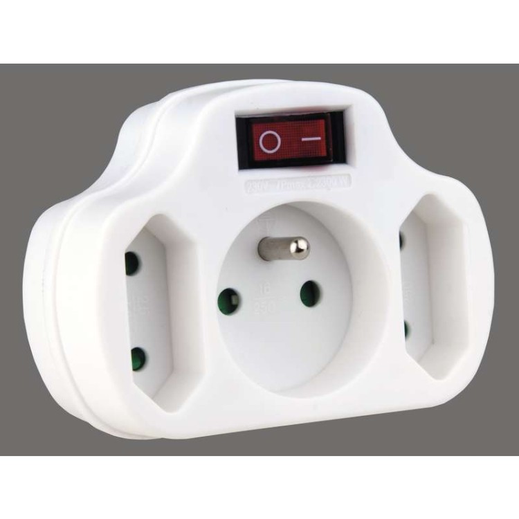 Zásuvka rozbočovací 2x plochá + 1x kulatá + vypínač