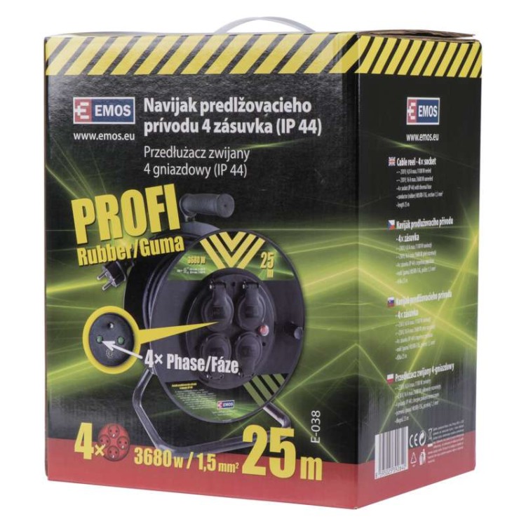 Gumový prodlužovací kabel na bubnu – 4 zásuvky, 25m, 1,5mm2