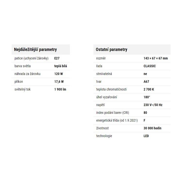 Emos ZQ5170 Žárovka Classic LED A67 18W E27 teplá bílá