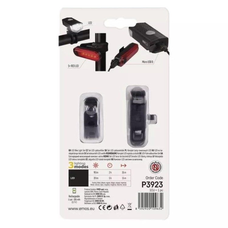 Emos P3923 Svítilna LED přední + zadní nabíjecí na kolo 90 Im