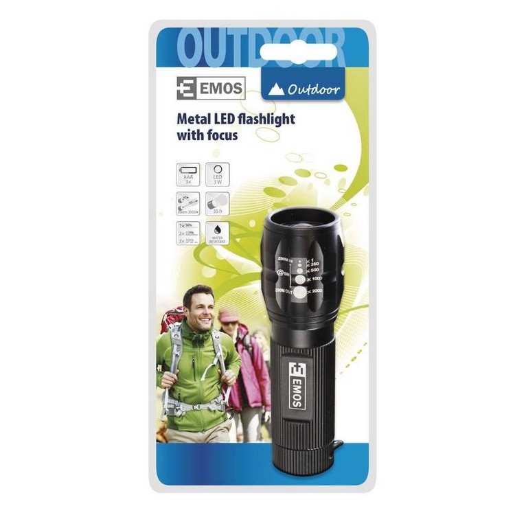 LED svítilna hliníková, 1x CREE LED 3W, na 3x AAA FOKUS