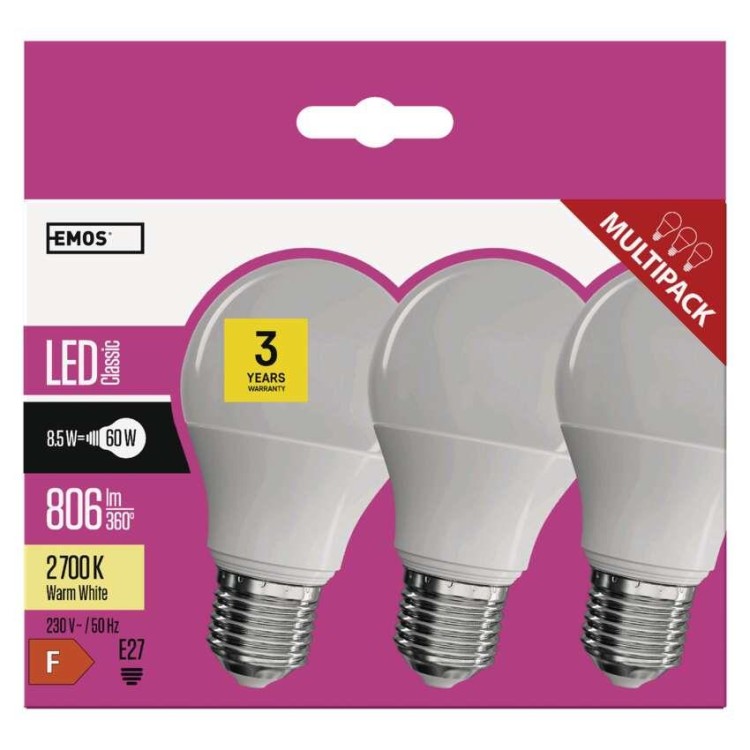 EMOS ZQ5140.3 Žárovka Classic LED A60 9W E27 teplá bílá, 3ks