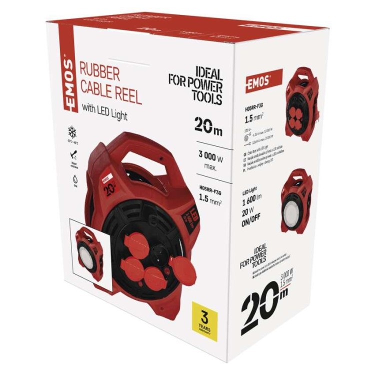 EMOS P08420 Buben 20 m, 4 zás., guma, 230V, LED reflektorem