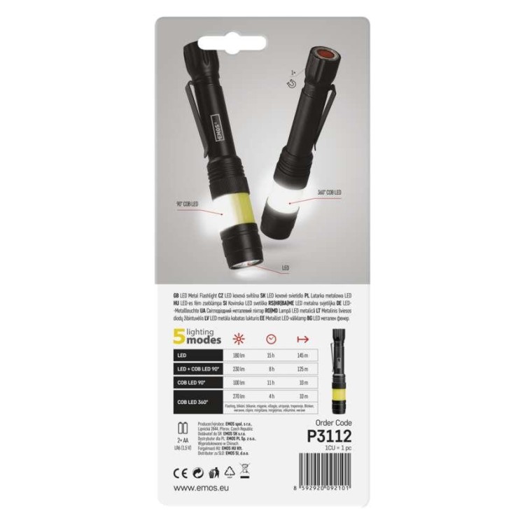 EMOS P3112 Svítilna 360° COB LED kovová, 270 lm, 2x AA