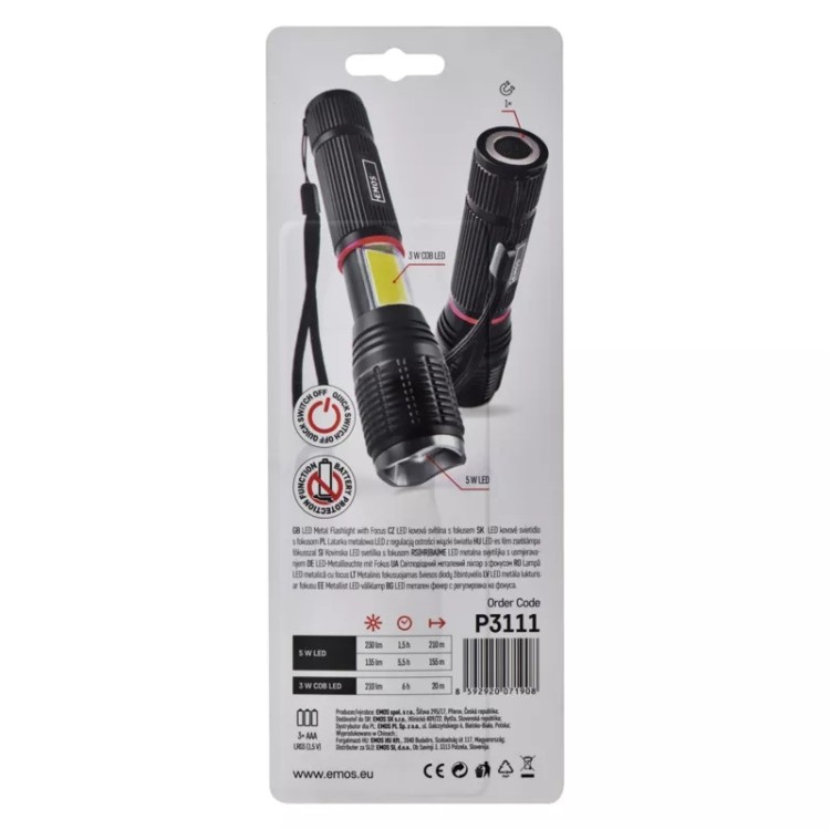 LED svítilna 5W + 3W COB 3x AAA