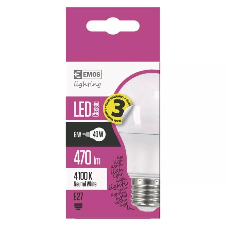 Emos ZQ5121 Žárovka Classic LED A60 6W E27 neutrální bílá