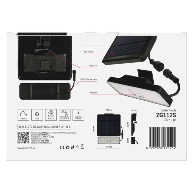 EMOS ZG112S Solární LED reflektor SUNNO s pohybovým čidlem, černý,neutrální bílá