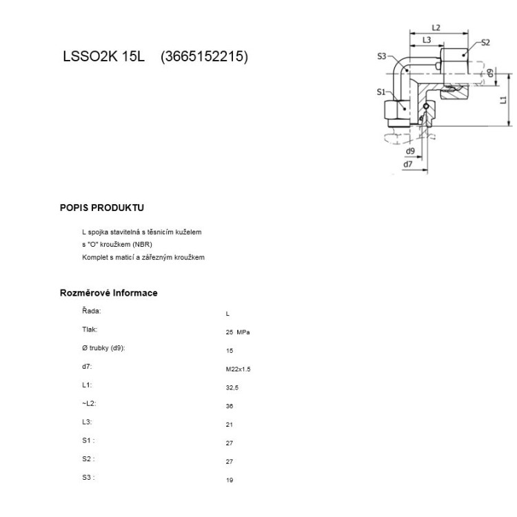 L spojka stavit.M22x1,5 s těs.kuž. s převl.mat.