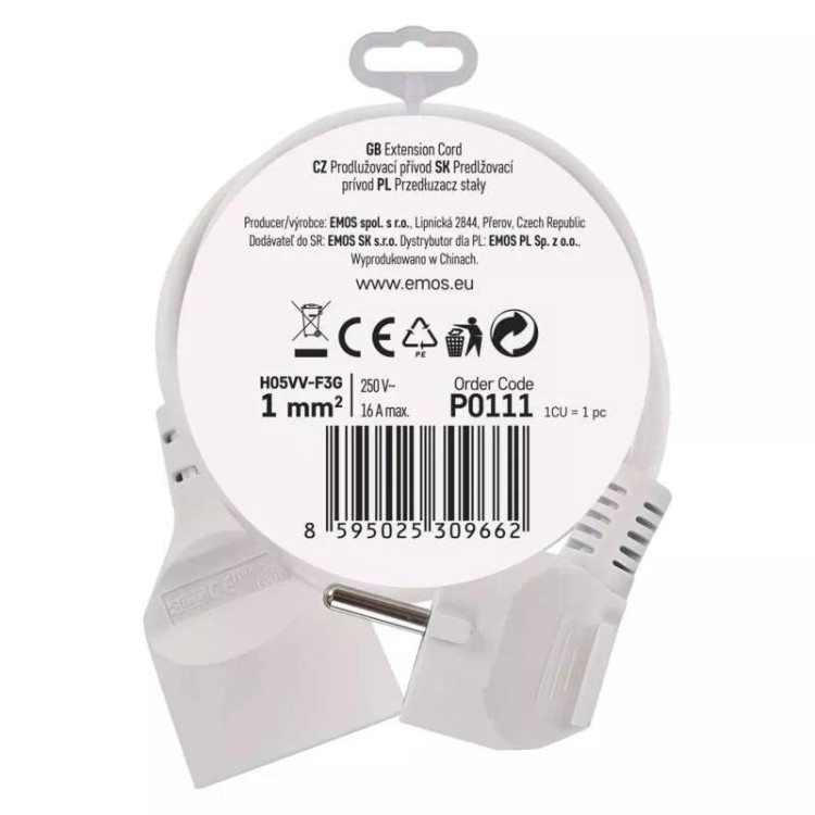 Emos P0111 Prodlužovák 1 zásuvka 1,5 m bílý