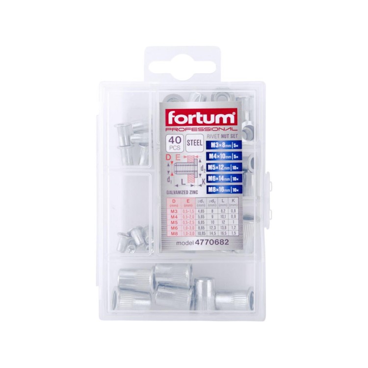 FORTUM 4770682 Matice nýtovací ocelové, sada mix 40ks, M3-M4-M5-M6-M8