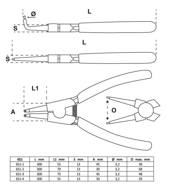 BGS Technik BGS100651 Kleště 300 mm na vnitřní/vnější rozpěrné kroužky, 4ks