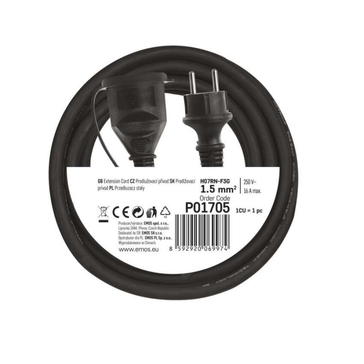 EMOS P01705 Venkovní prodlužovací kabel 5m/1 zásuvka/černý/guma-neopren/230V