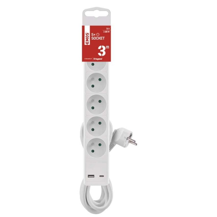 EMOS P1513CU Prodlužovací kabel 3m / 5 zásuvek / s vypínačem / bílý
