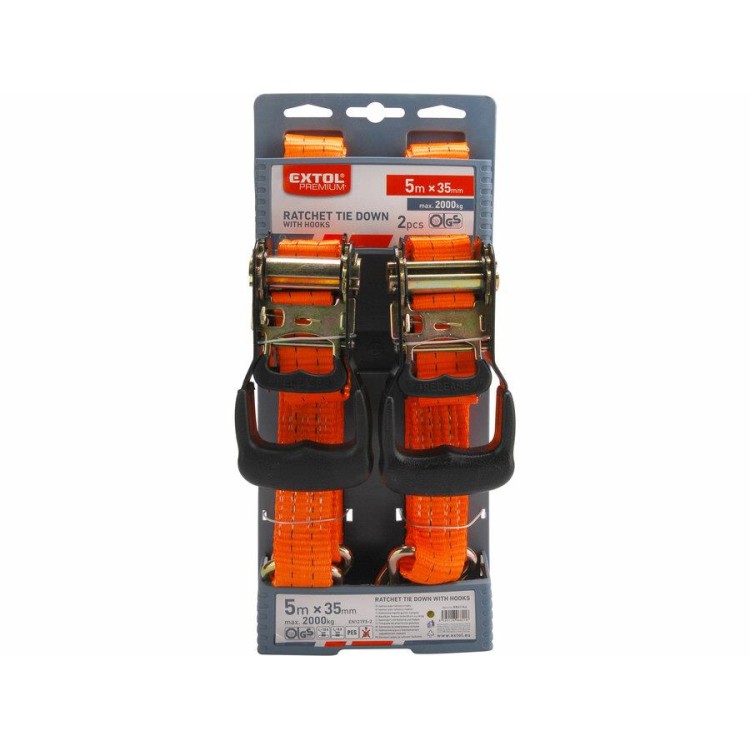 Extol Premium 8861146 Pás upínací ráčnový s háky, 5m x 35mm,sada 2ks,max. 2000kg