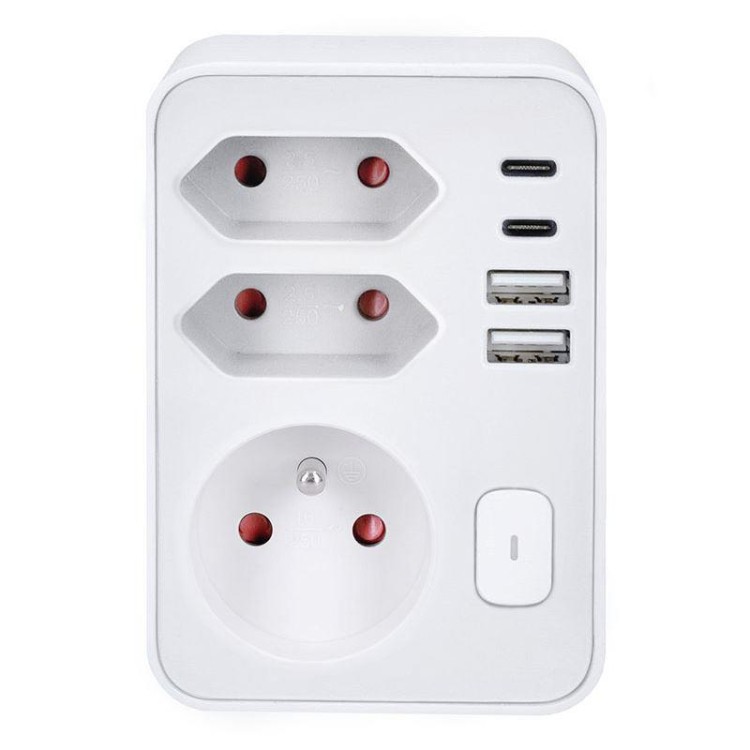 SOLIGHT Rozbočka 1x 16A + 2x 2,5A, 2xUSB A+C rychlonabíječka 20W PD,bílá,vypínač