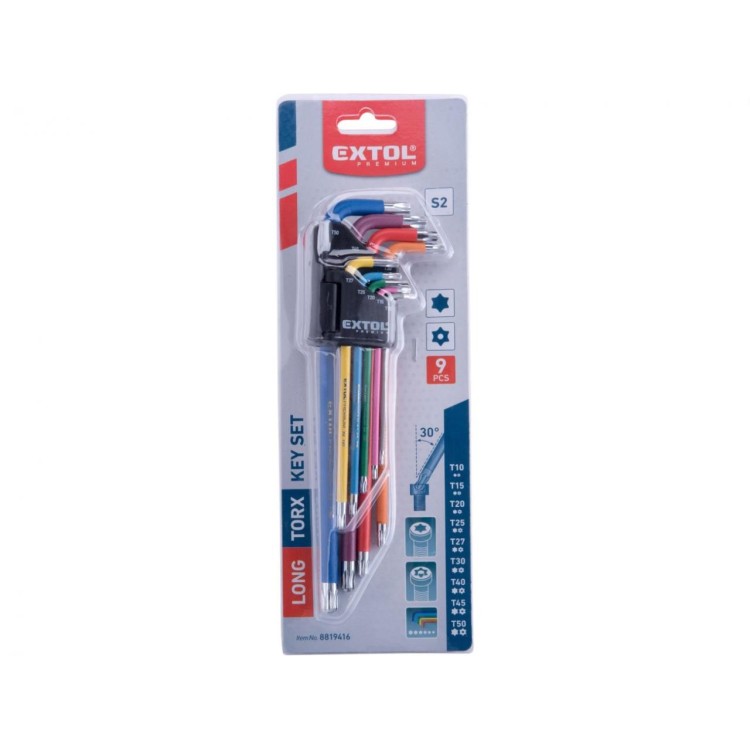 EXTOL PREMIUM 8819416 L-klíče TORX prodloužené barevné, sada 9ks, s kuličkou