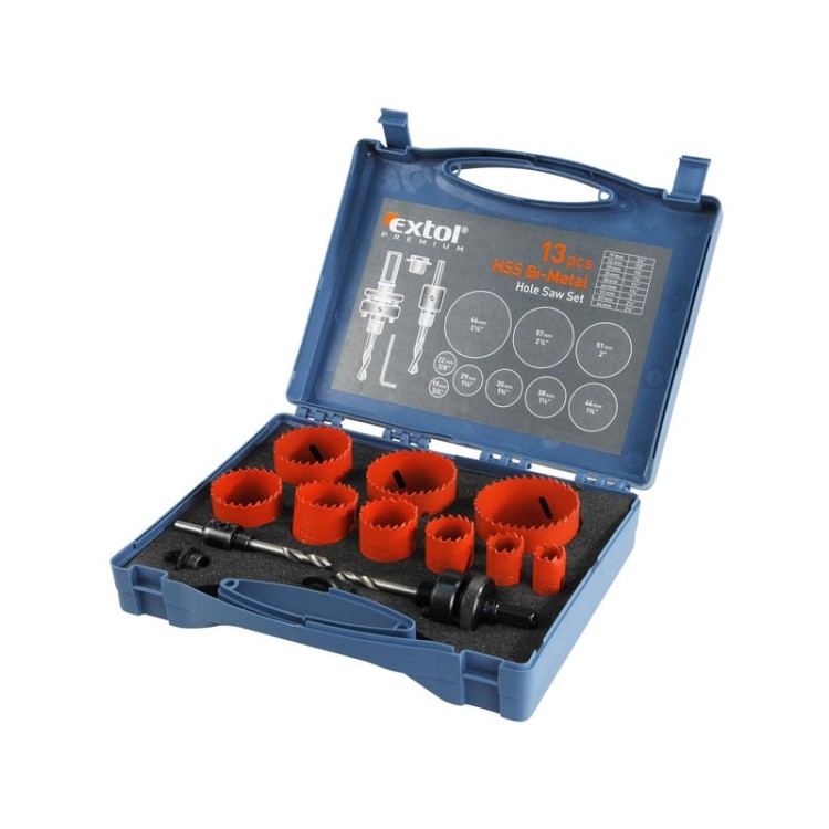 EXTOL 8801604 Vrtáky korunkové, univerzální, 9 průměrů, Ř19-64mm, HSS/Bi-metal