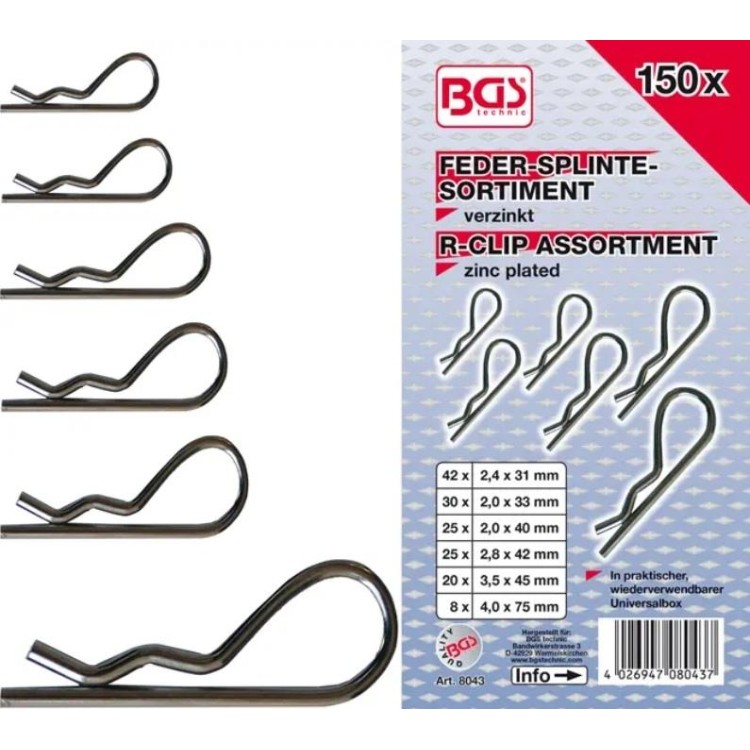 BGS108043  Závlačky pr. 2,4 ÷ 4,0 mm sada 150 dílů