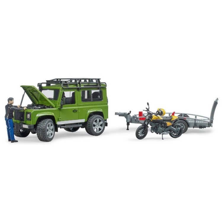 Land Rover Defender,přepravník, figurka, motocykl Bruder 02589