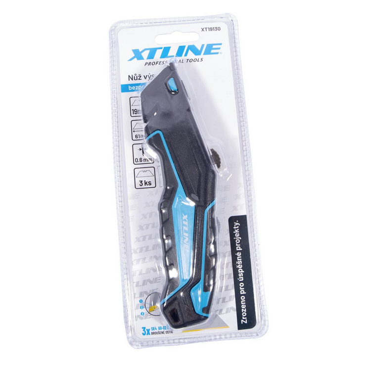 XTline XT19130 Nůž výsuvný bezpečnostní + náhradní břity, SK4, 19 mm
