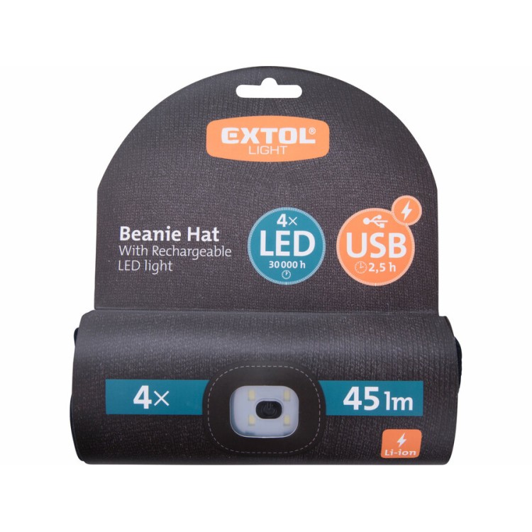 Extol Light 43199 Čepice s čelovkou 4x45lm, USB nabíjení, černá