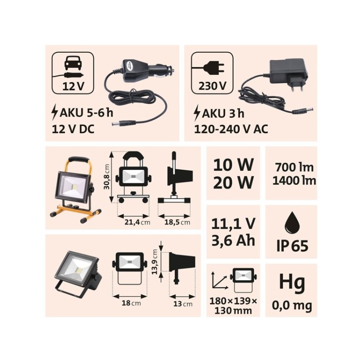 EXTOL reflektor LED, nabíjecí s podstavcem, 700/1400lm, Li-ion